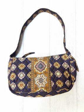 Maggib Quilted Geometric Shoulder Bag in Blue & Brown - Floral Medallion Pattern